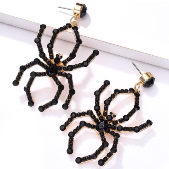 Black Rhinestone Spiders CZ Crystal Post Earrings Gothic Spider Rhinestones New - Picture 2 of 7